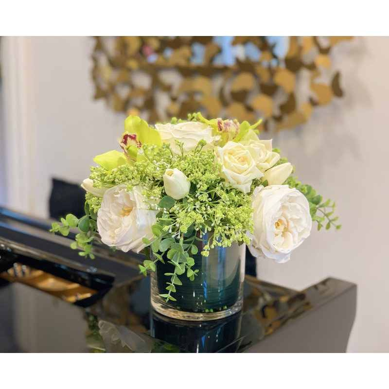 Real Touch White Rose Tulip Green Orchid Arrangement