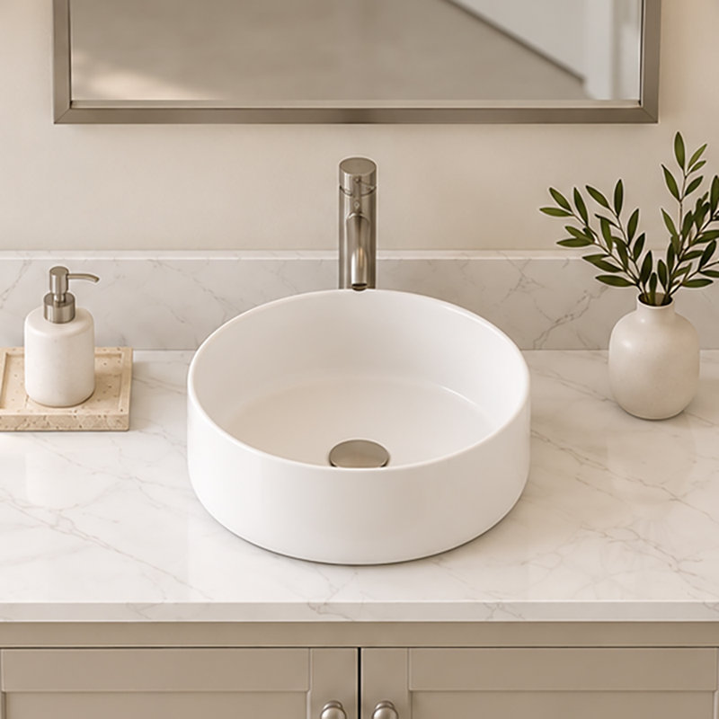 12.4" Round White Ceramic Vessel Bathroom Sink, Modern Above-Counter Vanity Basin with 1.75" Drain Opening