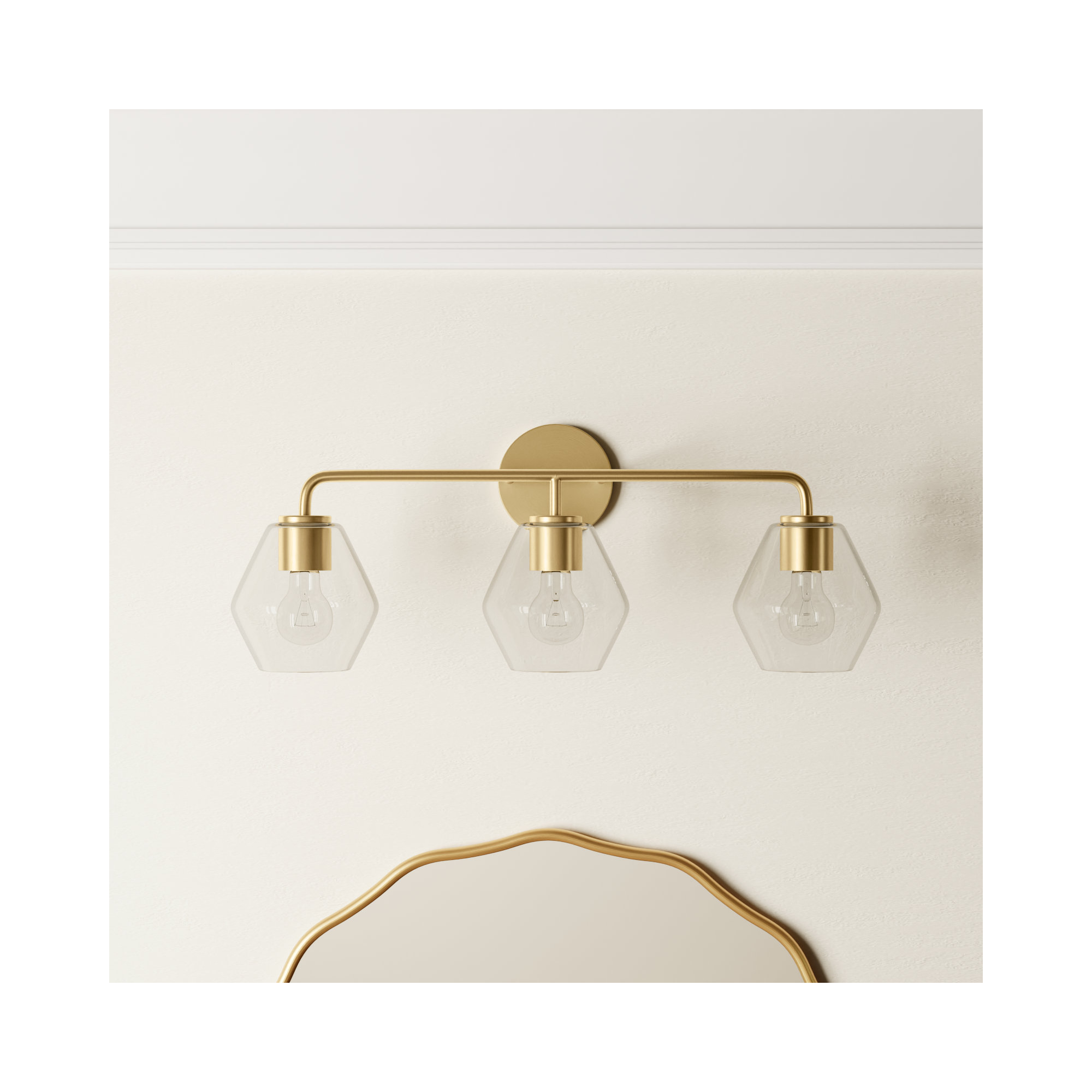 Rooks 3 Light Dimmable Vanity Light, Satin Brass, Clear