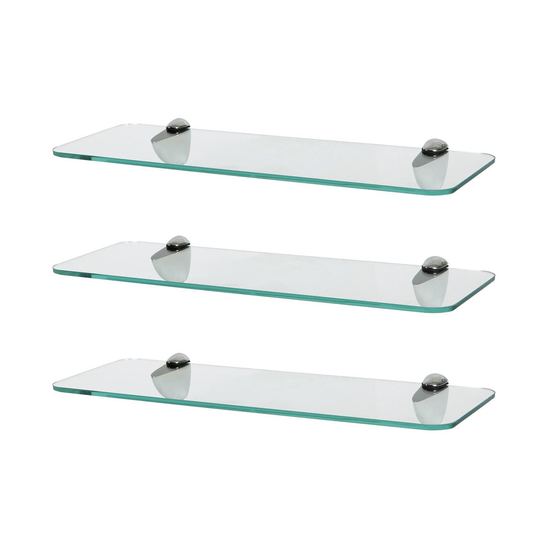 B&Q - 3X Rounded Floating Glass Shelves40CmSilver BracketsBathroom Shower Storage Vanity Display Unit Shelf - Image 2