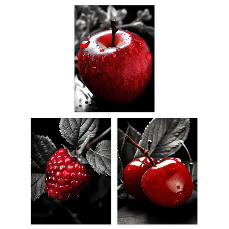 Red Apple Raspberry Cherry On Black White Kitchen Artwork - 3 Piece No Frame Print Set, 29.7cm H x 21cm W x 0.4cm D