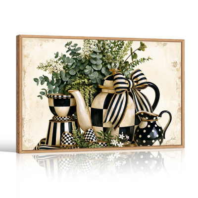 Black And White Checkered And Striped Teapots With Greenery Canvas Wall Art