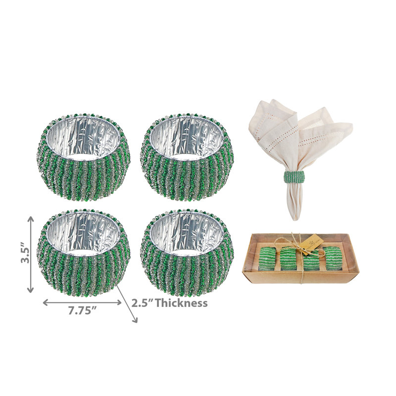 Green and Silver Beaded Glass Napkin Rings Set of 4
