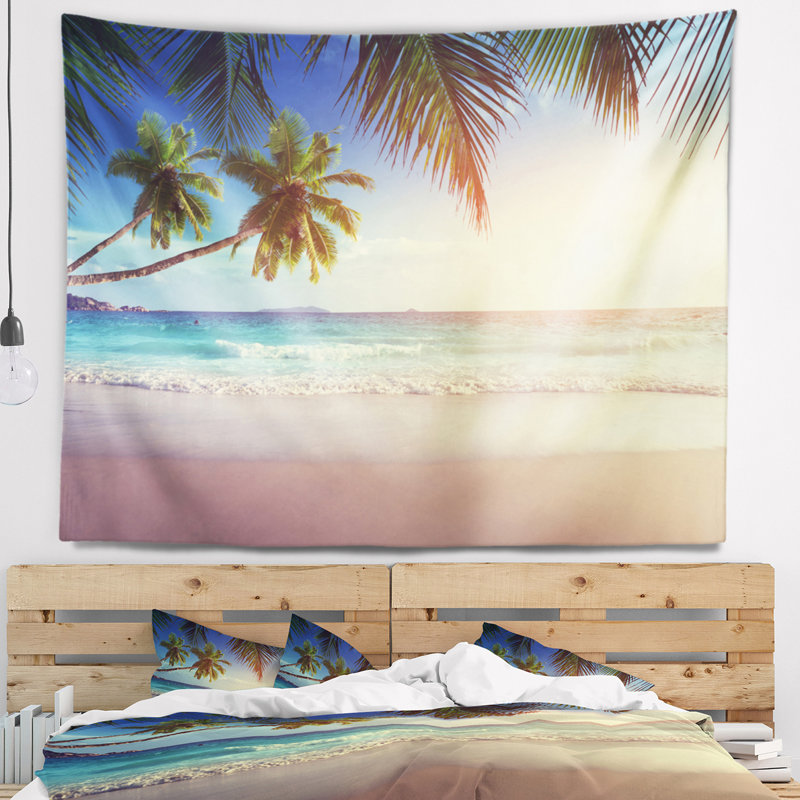 Tapisserie de plage seascape coucher de soleil typique sur les seychelles, H 50 po x l 60 po