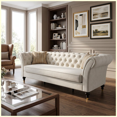88.5" Chesterfield 3-Seater Sofa with Deep Button Tufted Back, Rolled Arms & Solid Wood Legs, Includes 2 Pillows, Cream