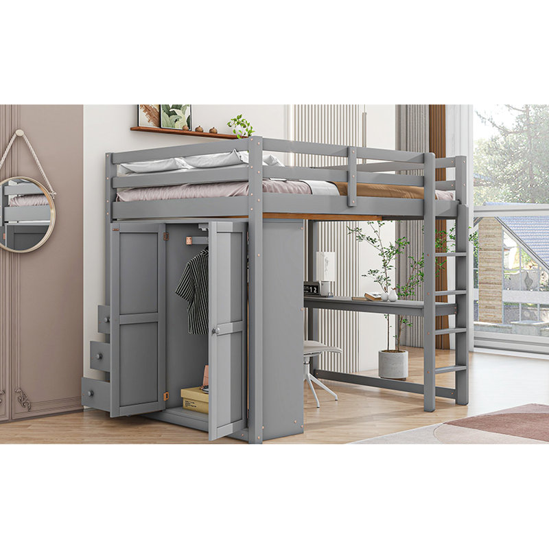 Lit mezzanine gris avec bureau pratique, garde-robe et compartiments de rangement, Gris