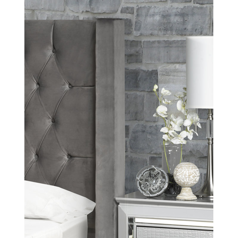 Lit plateforme tapissier Kona, Gris, Grand