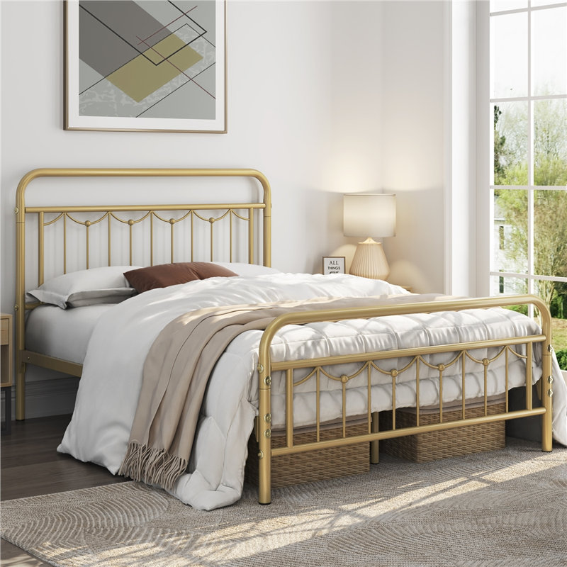 Dravin Metal Platform Bed Frame with Vintage Headboard and Footboard, Antique Gold, Full