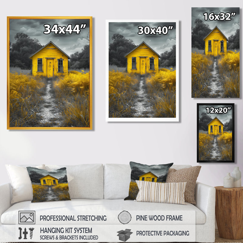 Horizon de petit chalet monochrome jaune et gris - ferme, décoration murale, Cadre flottant noir, H 16 po x l 32 po