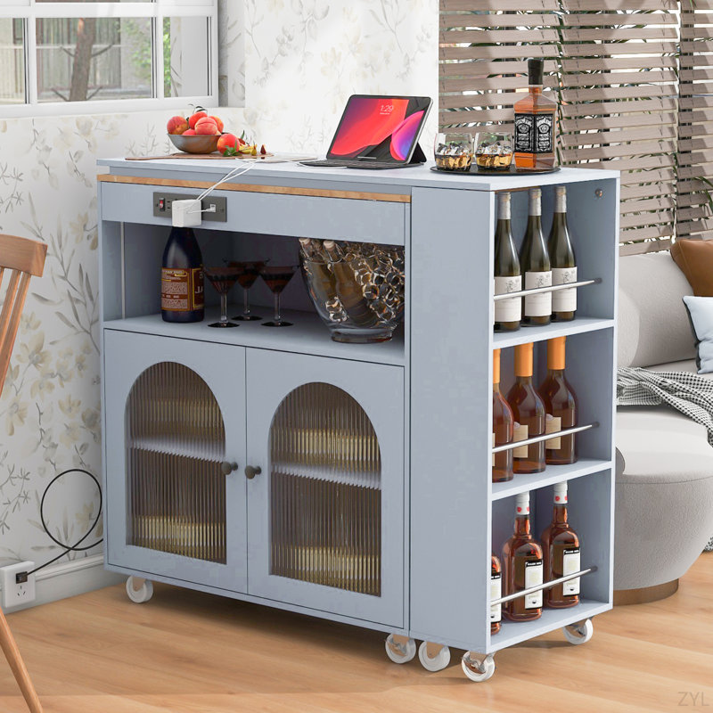 K&K Rolling Kitchen Island With Extended Table, Kitchen Island On Wheels With LED Lights,Power Outlets And 2 Fluted Glass Doors, Kitchen Island With A Storage Compartment And Side 3 Open Shelves