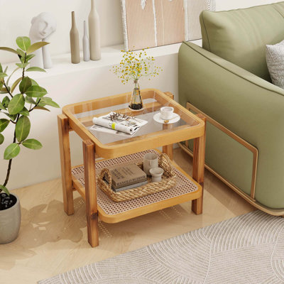 1 Pcs End Table With Tempered Glass Top Acacia Wood Legs Rattan Storage Shelf 