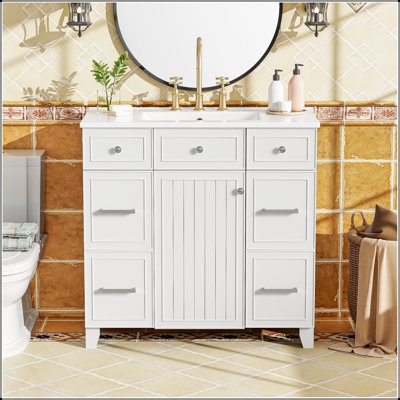 Meuble-lavabo gris 36 po avec lavabo en céramique, bois massif, portes à fermeture douce, tablettes réglables et rangement pour sèche-cheveux