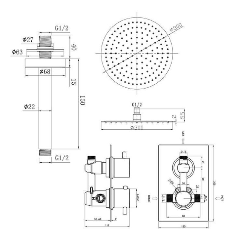 Ensemble de douche thermostatique à plafond mince avec soupape intégrée