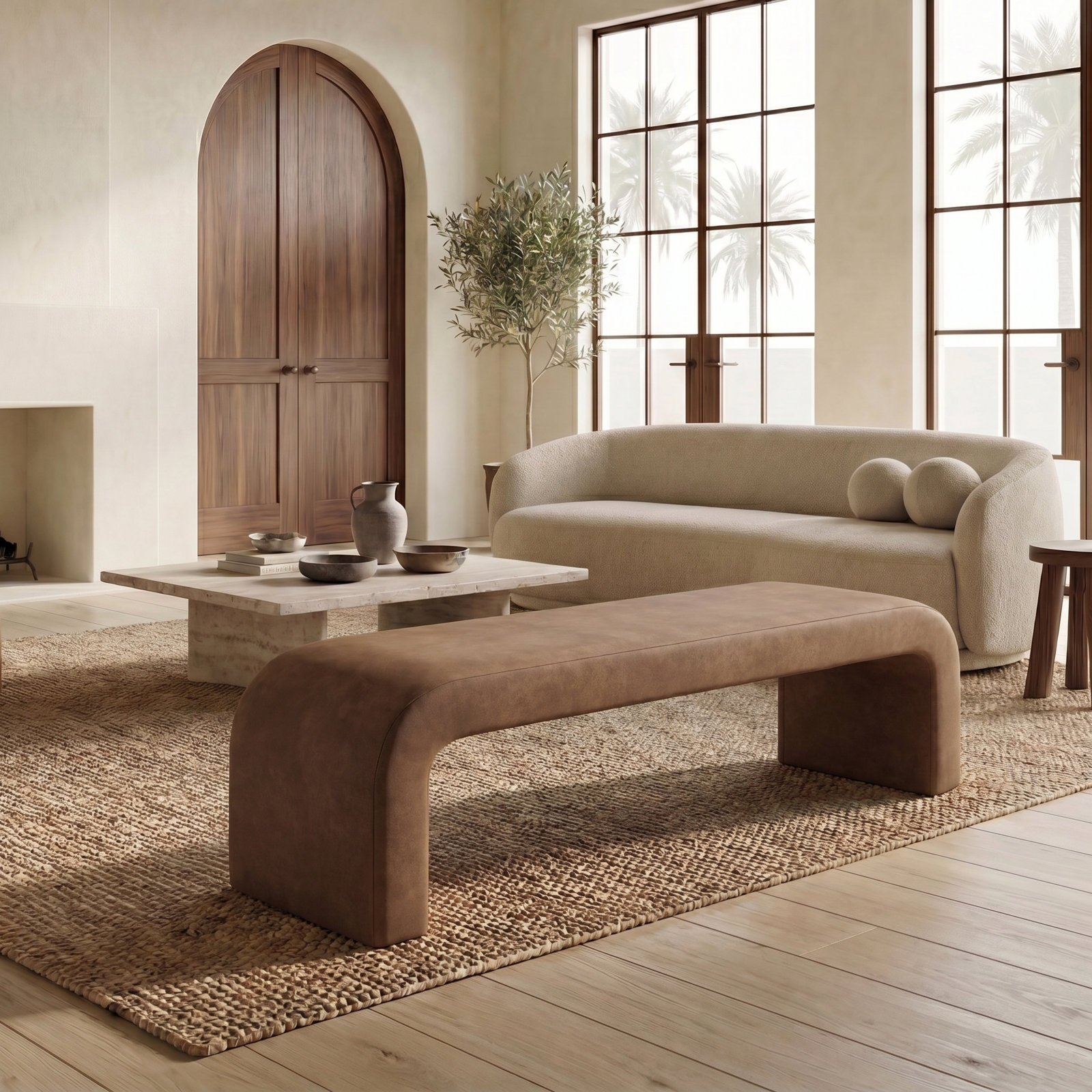 Daine 62" Linen Bedroom Bench, Dark Brown Vegan Leather