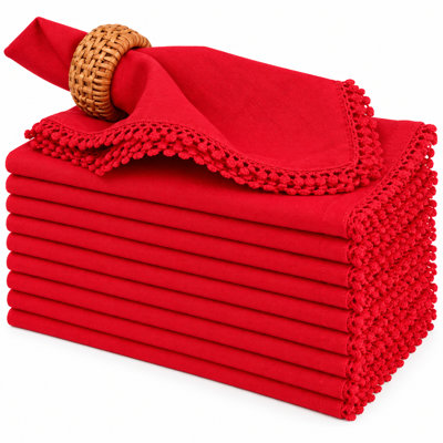 Lot de 12 serviettes de table en dentelle de coton rouge coquelicot, 18 x 18 pouces