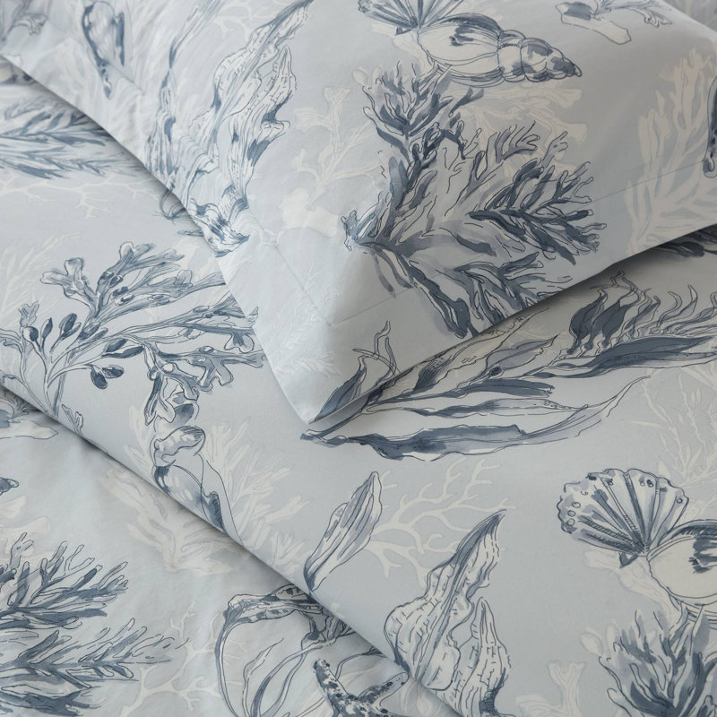 Botanical 100% Cotton Sateen Duvet Cover Set, King Duvet Cover + 2 King Shams, Navy Blue