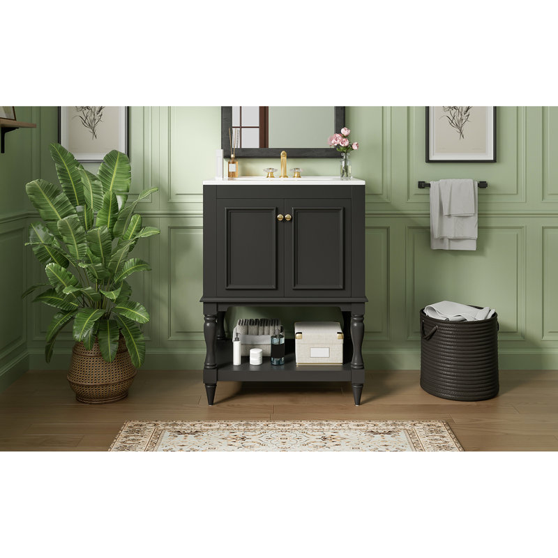 Meuble-lavabo de luxe moderne de 24 pouces avec lavabo en céramique, armoire épurée, dossier ouvert pour la plomberie, articles de toilette élégants à finition brillante, serviettes à tablettes, compartiment fermé