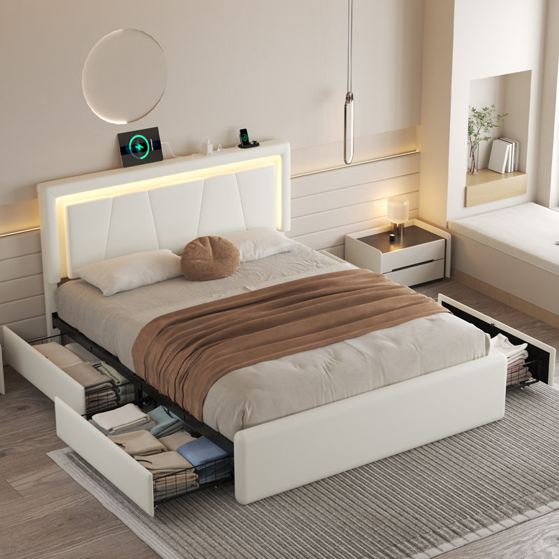 Upholstered Platform Bed with 4 Large Storage Drawers, RGB LED lights, Charging Station, Adjustable Headboard, Easy Assembly