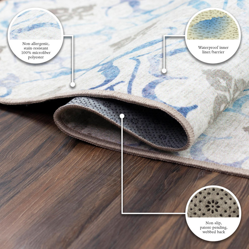 Beige Blue Floral Synthetic 5' x 7' Washable Area Rug