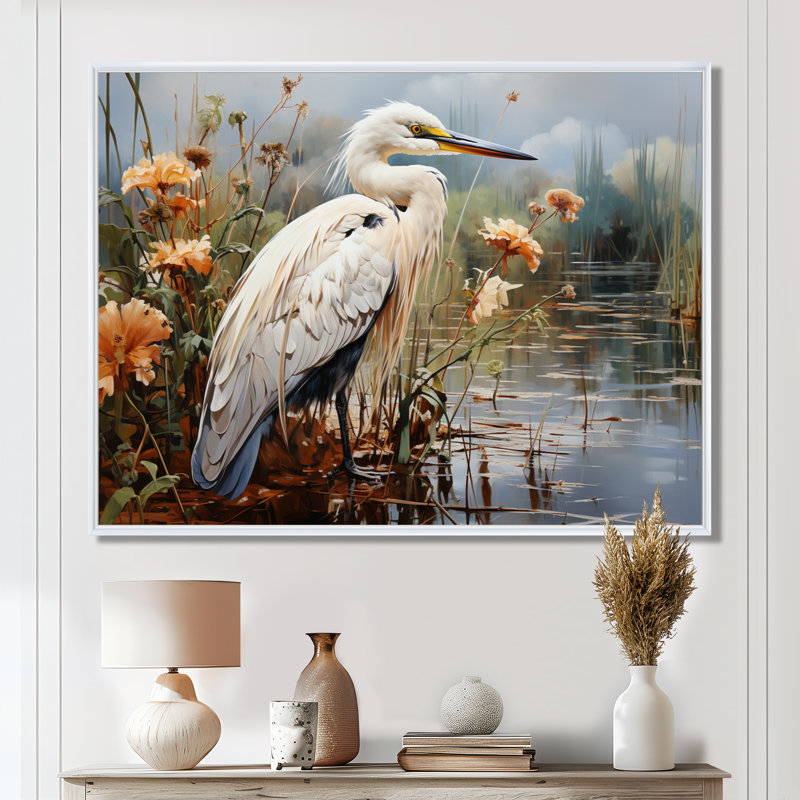 Héron pêche blanc, héron, art mural, H 24 po x l 32 po x P 1 po, White Floater Framed