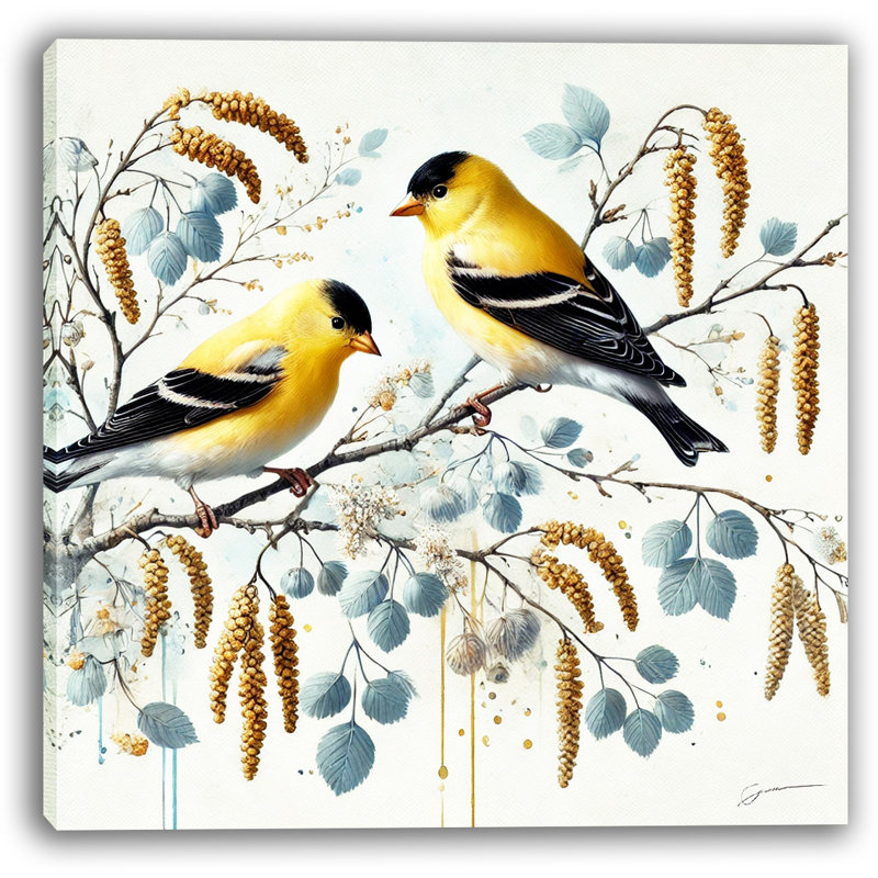Golden Charm - chardonnerets et chatons, reproduction d'art sur toile, H 12 po x l 12 po x P 1 po