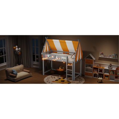 Lit mezzanine simple avec auvent, lumières à DEL et bibliothèque, gris
