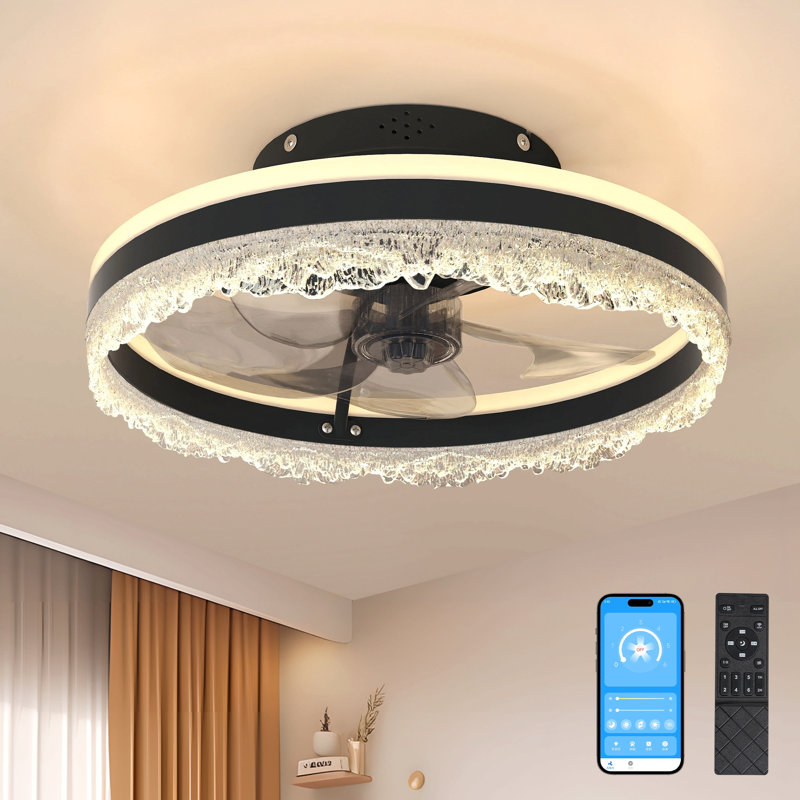 16" Quiet Ceiling Fan With Light – LED Crystal Flush Mount Fan Lamp With Hidden Blades And Natural Airflow, Perfect For Bedroom, Kids Room, Study Room