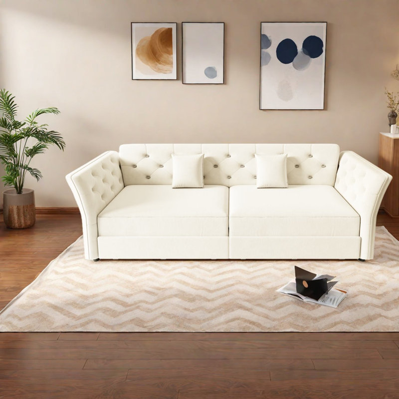 Compression Sofas, 74 Inch Extendable Velvet Sleeper, Modern Home, Beige;White