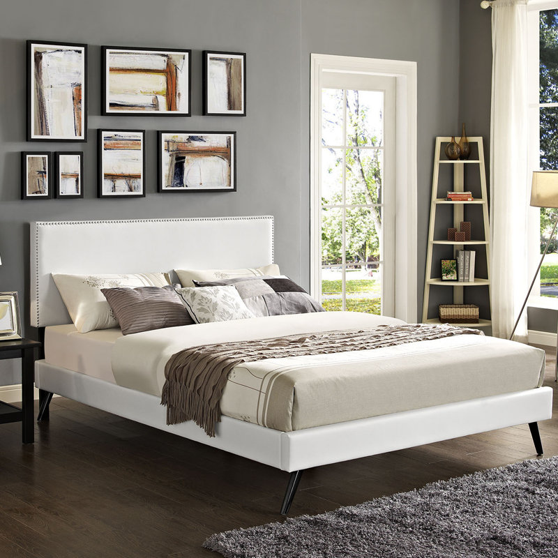 Lit plateforme tapissier en vinyle avec pieds ronds évasés Modway Phoebe, Blanc, Très grand
