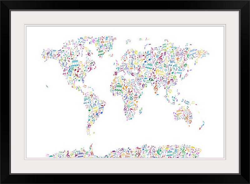Francy, «Music Notes Map of the World» par Aniesha, impression, H 32 po x l 44 po x P 1 po, Cadre noir