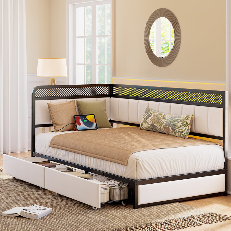 Modern Daybed With Storage & Charging - Corner Design, Led Lights, Beige, Lit simple