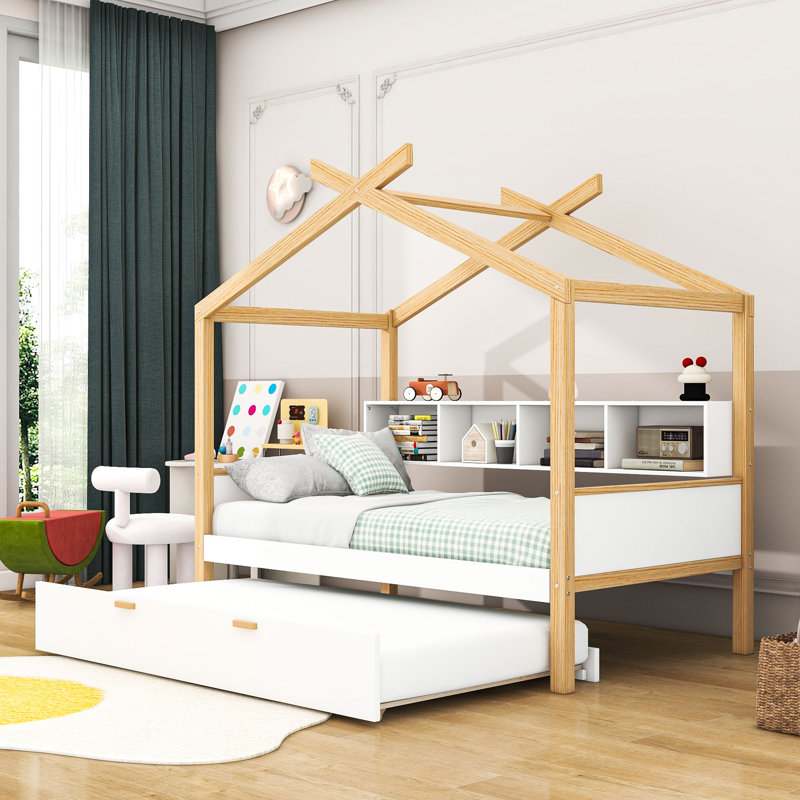 Twin Wood House Bed With Twin Trundle And Storage Shelves