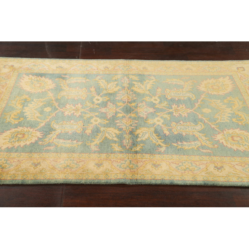 Tapis beige / bleu en laine noué à la main de conception unique 4 pi 1 po x 6 pi 9 po