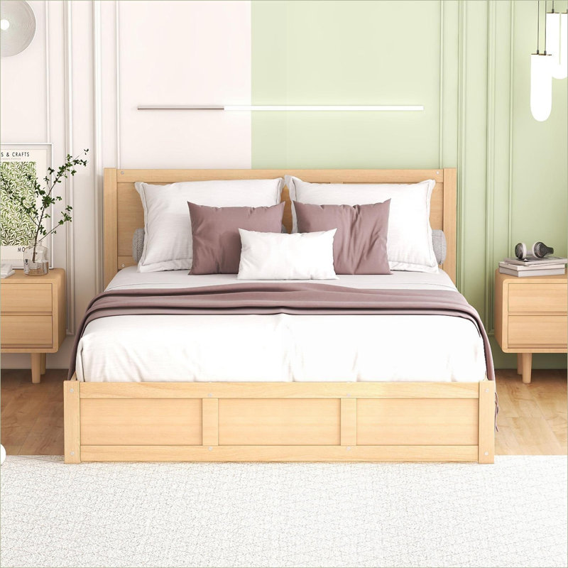 Grand lit plateforme de rangement en bois de pin sans sommier nécessaire Capacité de 600 lb couleur de bois pour la chambre à coucher