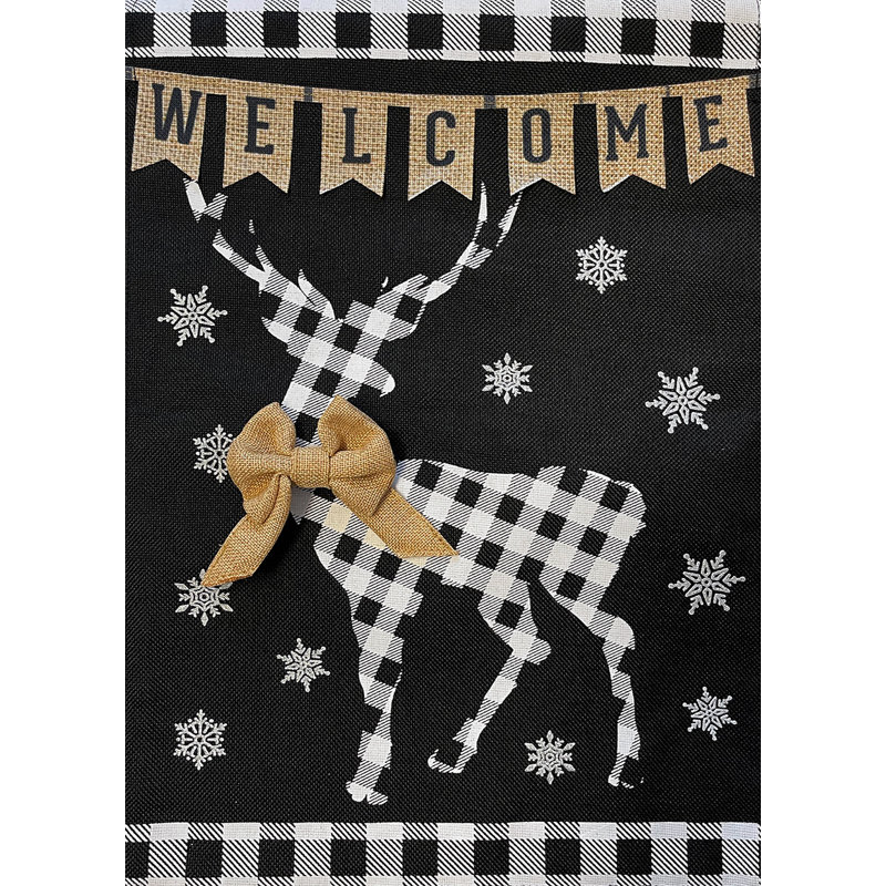 Checkered Deer Burlap Winter House Flag