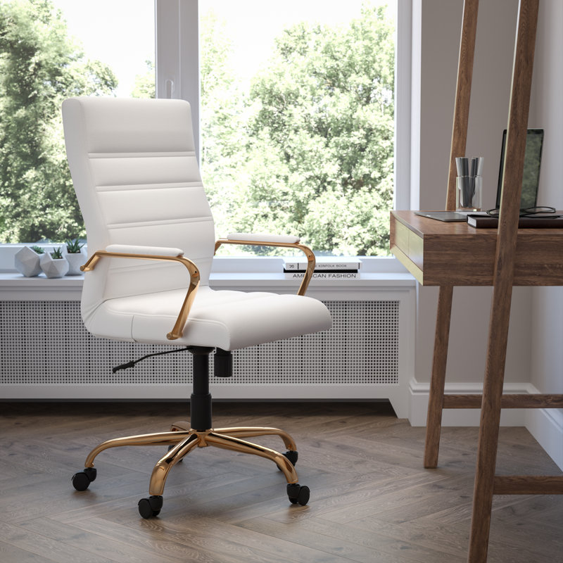 High Back Executive Swivel Office Chair with Metal Frame and Arms, White/Gold