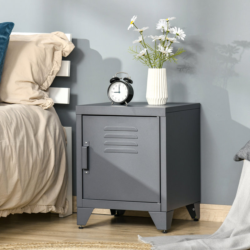 Table industrielle grise, avec porte de style casier et tablette réglable pour une table d'appoint en gris, projet d'optimisation