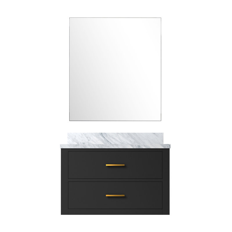 Castor 30 in W x 22 in D Single Bath Vanity and 28 in Mirror, Black, White Carrara Marble
