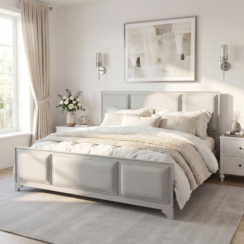 Structure de lit très grand avec tête de lit tapissier, bois massif blanc et tissu beige, pas de sommier tapissier, style campagne moderne