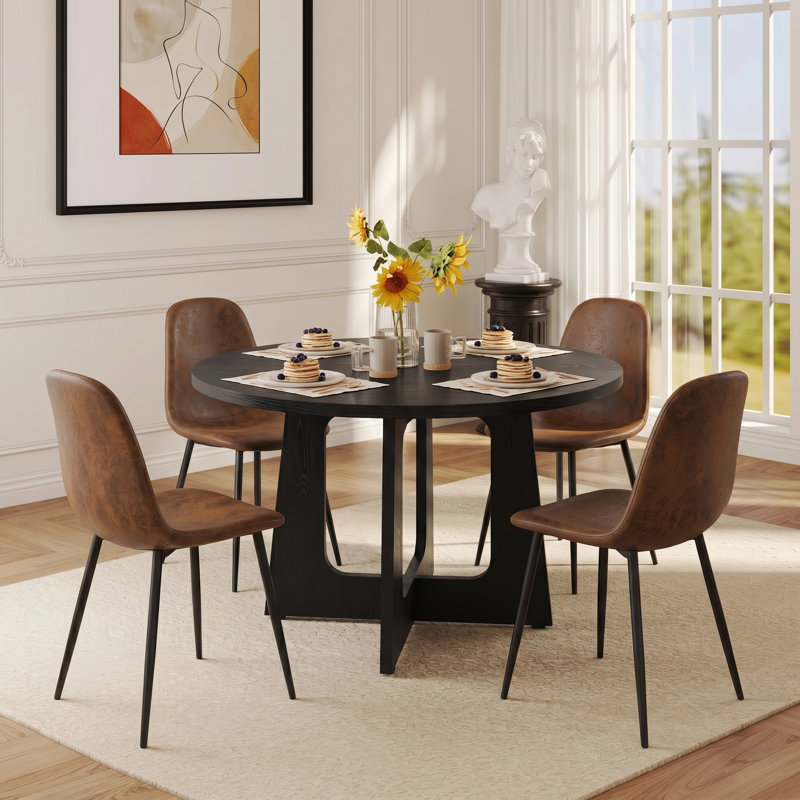 Ensemble de salle à manger 5 pièces avec chaises rembourrées, Noir, Ensemble de cinq pièces : table, quatre chaises, Brun