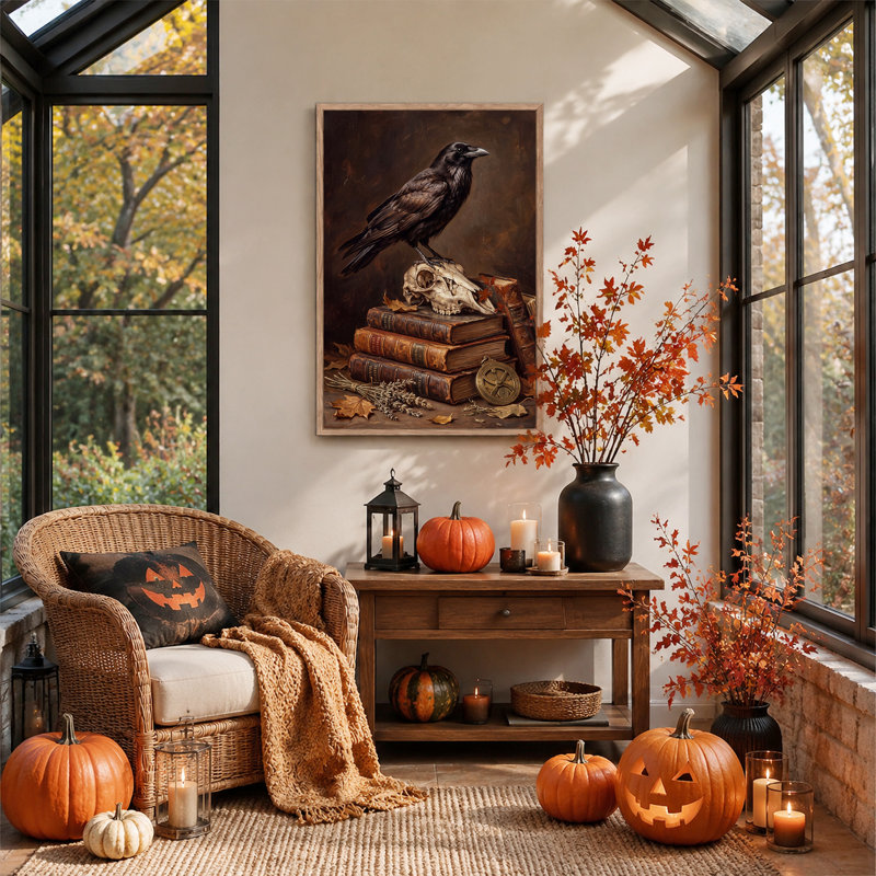 Corbeau noir perché sur un crâne et des livres en cuir - Toile murale d'Halloween, 48"H x 36"W