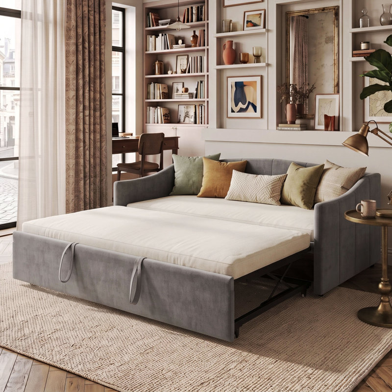 UK&EU 3-in-1 Velvet Extendable Daybed with Pop-Up Trundle, Upholstered Sofa Bed Frame, Beige & Grey, 90x190/200cm, Grey