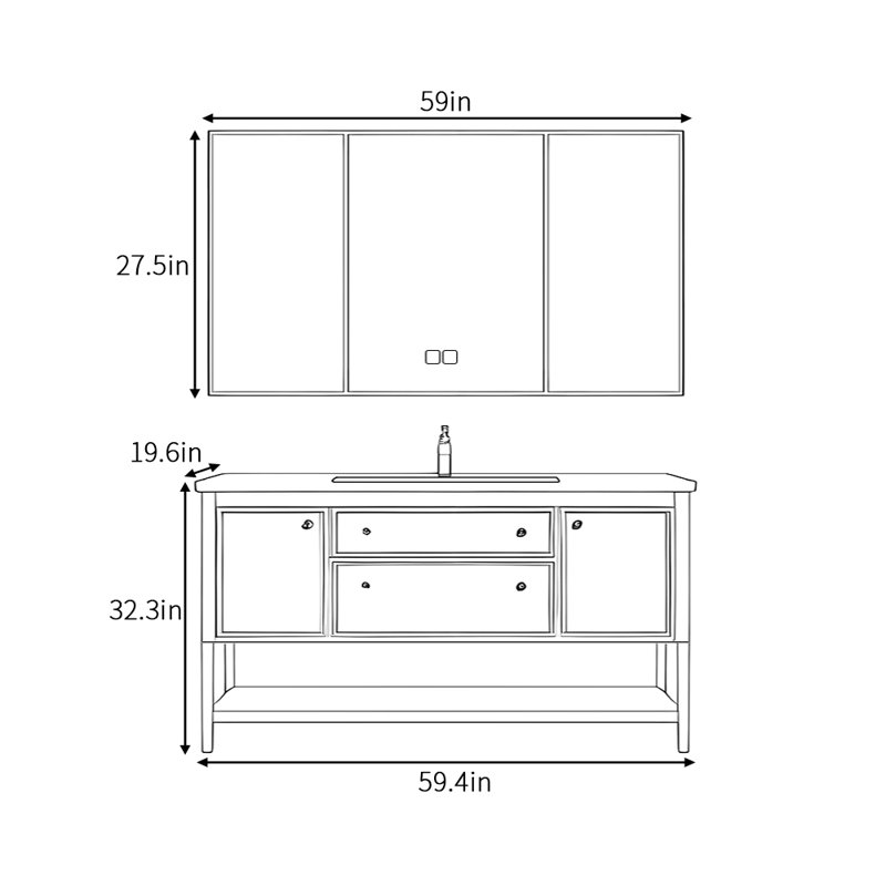 Armoire de salle de bain rétro de luxe à lumière française, H 32,3 po x l 59,4 po x P 19,6 po