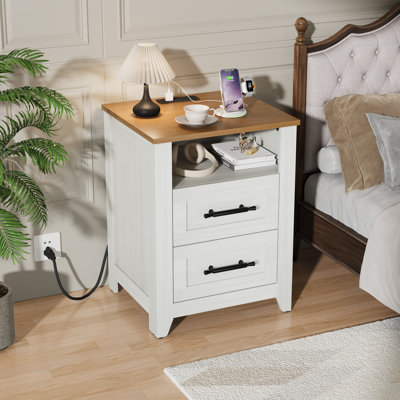 Farmhouse Nightstand with 2 Drawer and Open Compartment, Side Table with Charging Station, End Table with Storage Shelf for Bedroom, Living Room, Colour-Blocking, 1PCS