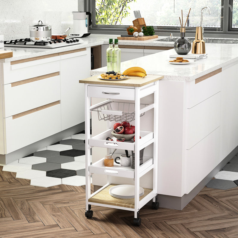 Chariot de rangement blanc avec cadre en bois massif pour fruits et légumes