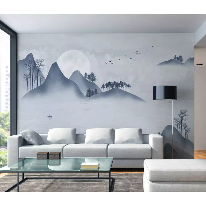 Papier peint amovible monochrome avec vue sur la montagne, L 114 po x l 204 po