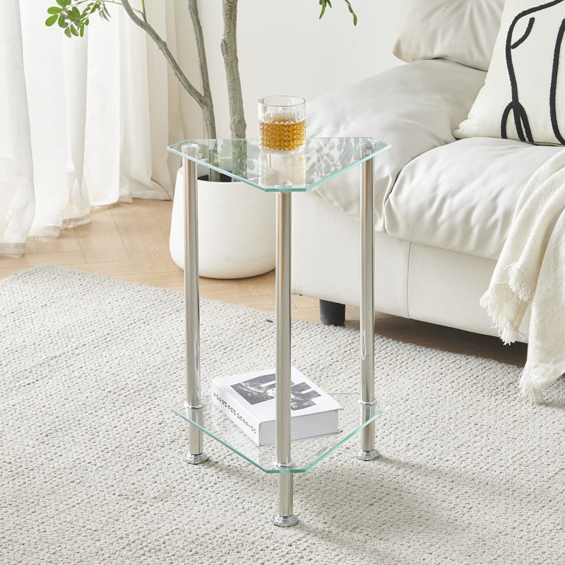 Glass Sofa Table Side Table Small With Storage Shelf, Living Room 2 Tiers Corner Coffee End Table Bedroom Little Nightstand Beside Table (Clear, Triangle)
