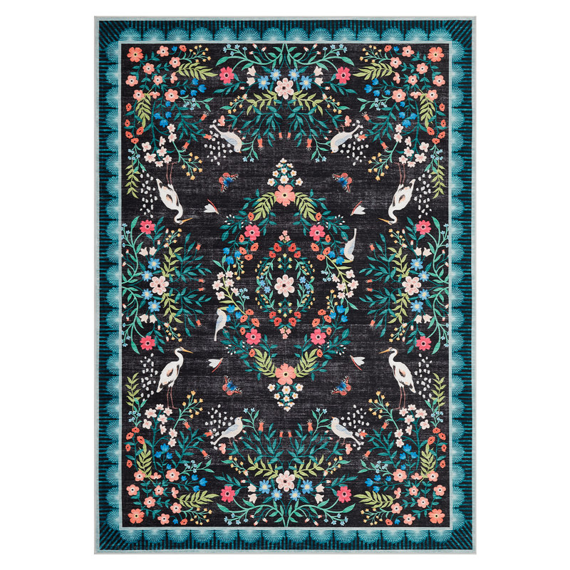Floral Area Rugs for Living Room Bedroom, Washable Non Slip Vintage Floor Rugs Large Low Pile Oriental Distressed Carpet