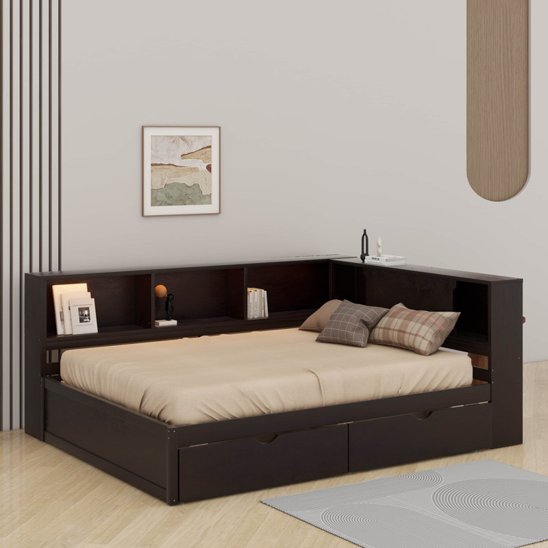 Daybed Frame With 2 Drawers And Storage Shelves, Wooden Corner Bed Sofa Bed With USB Ports And LED, Brown