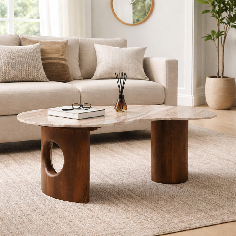 Marble Coffee Table With Sculptural Wooden Legs For Home Decor - Versatile Small Table For Living Room Decor And Office Spaces - 41", Brown & Gray